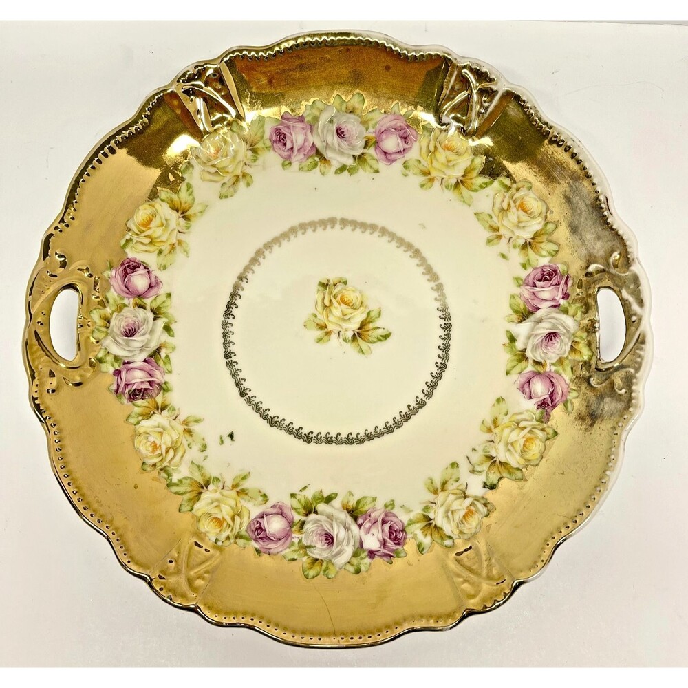 Antique Three Crown China Germany Rose Handled Plate 10in Gold Trim-Early 1900's